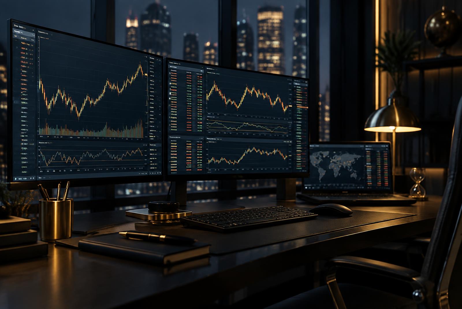 Professional trading desk displaying global market charts